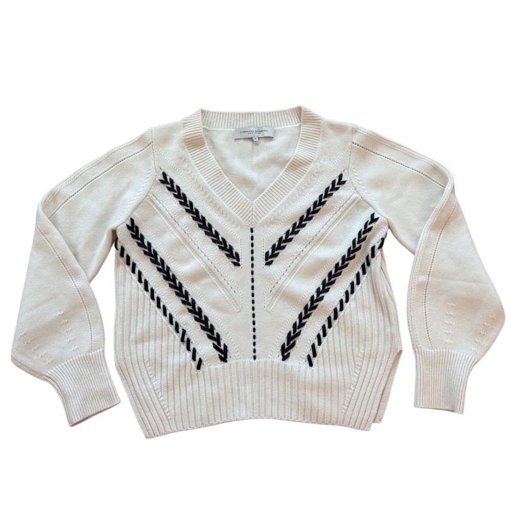 Carolina Herrera New York 100% Cashmere VNeck Sweater White Black Braided Medium